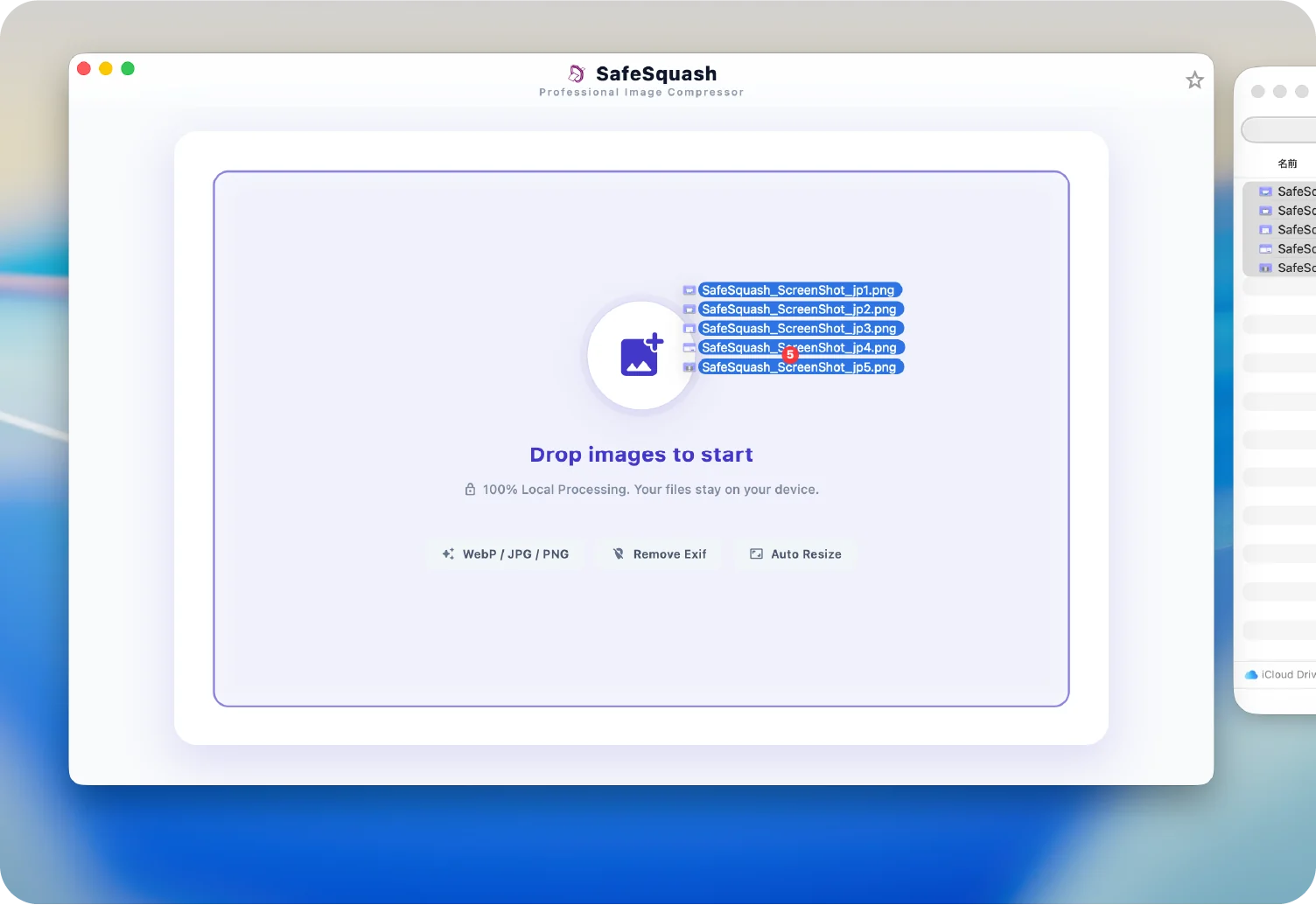 SafeSquash drag and drop image compression screen